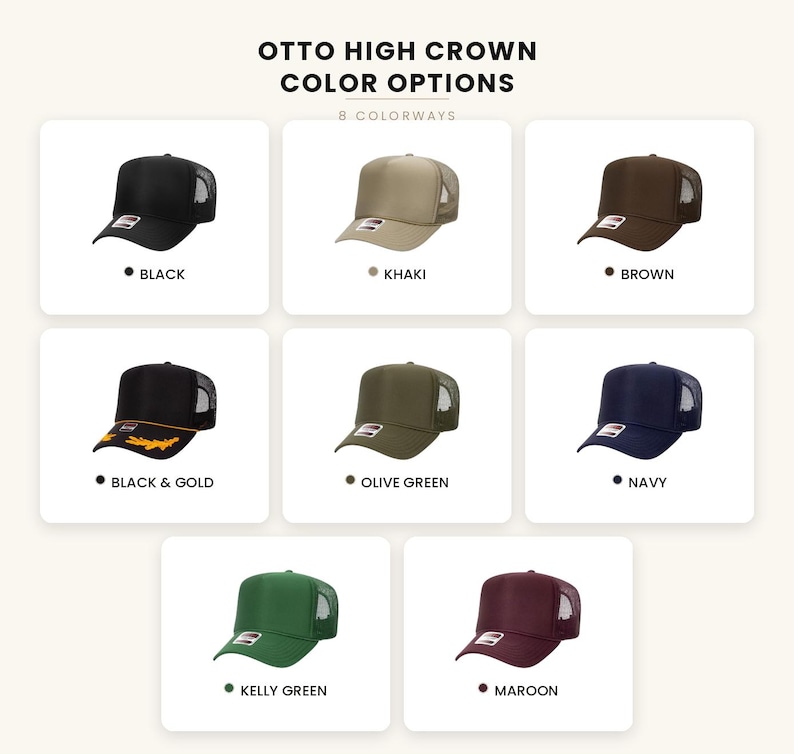 May include: A collection of eight Otto high crown trucker hats in various colors including black, khaki, brown, black and gold, olive green, navy, kelly green, and maroon. Each hat features a mesh back, a solid front panel, and a curved brim.