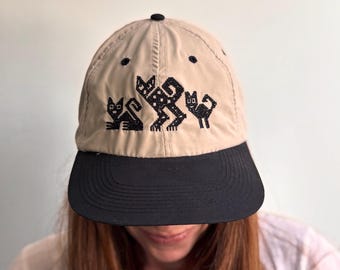 Peruvian Cat Cross Stitch Embroidered Flat Brim Cap | Outdoor Camper Dad Hat