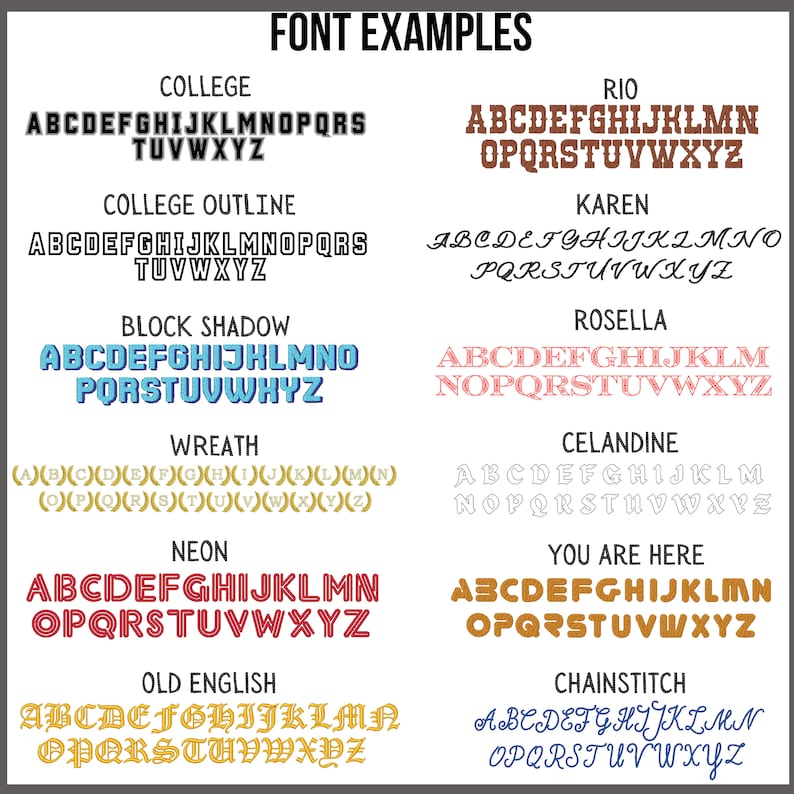 May include: A digital chart titled FONT EXAMPLES displaying twelve distinct alphabet styles labeled College, Rio, College Outline, Karen, Block Shadow, Rosella, Wreath, Celandine, Neon, You Are Here, Old English, and Chainstitch in various colors.