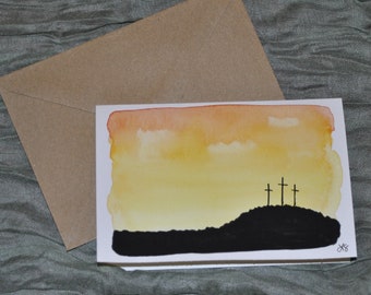 Three Crosses Watercolor Easter Card - Handpainted ORIGINAL - 4x6 Size