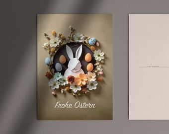 TARJETA DE PASCUA | Tarjeta plegable/postal DIN A6, conejito de Pascua con huevos y flores, origami, papel en capas