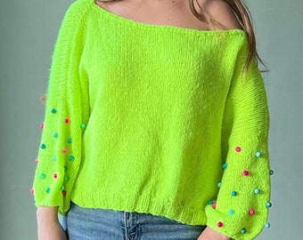 Handgefertigter Alpaka-Pullover Neon-Grün, Strickpullover Alpaka Wolle