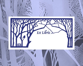 Indigo Winter Trees Printable Book Plate - Set of 10 per page - (Ex Libris for label templates measuring 2” x 4”) ID label