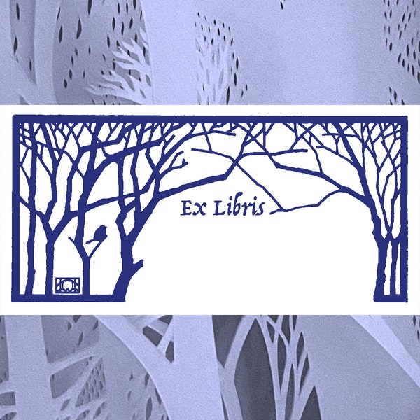 Indigo Winter Trees Printable Book Plate - Set of 10 per page - (Ex Libris for label templates measuring 2” x 4”) ID label