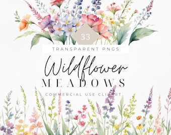 Watercolor Wild flower clipart, Wildflower borders, meadow flower transparent png for print, Digital download, Commercial use clipart