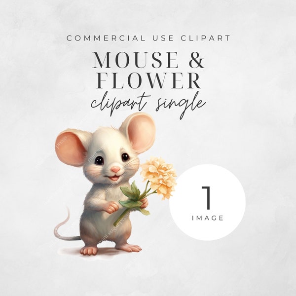 Mouse Flower Clipart, Watercolor mouse PNG, Adorable rodent, Nursery art, Sublimation design, Stationary, Instant download, Commercial use