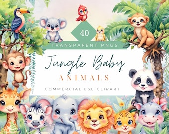 Cute Jungle Animals Clipart Watercolor Baby Animal png Safari baby animal nursery decor Jungle Baby Shower clip art commercial use