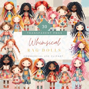 May include: 30 whimsical rag dolls clipart images. The dolls are colorful and have different hair styles and clothing. They are all smiling and have a sweet, innocent look.