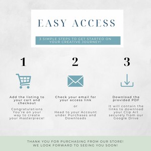 May include: A blue and white graphic with three steps to access digital downloads. Step 1: Add to cart. Step 2: Check email for access link. Step 3: Download PDF. The text reads "Easy Access" and "3 Simple Steps to Get Started on Your Creative Journey!"