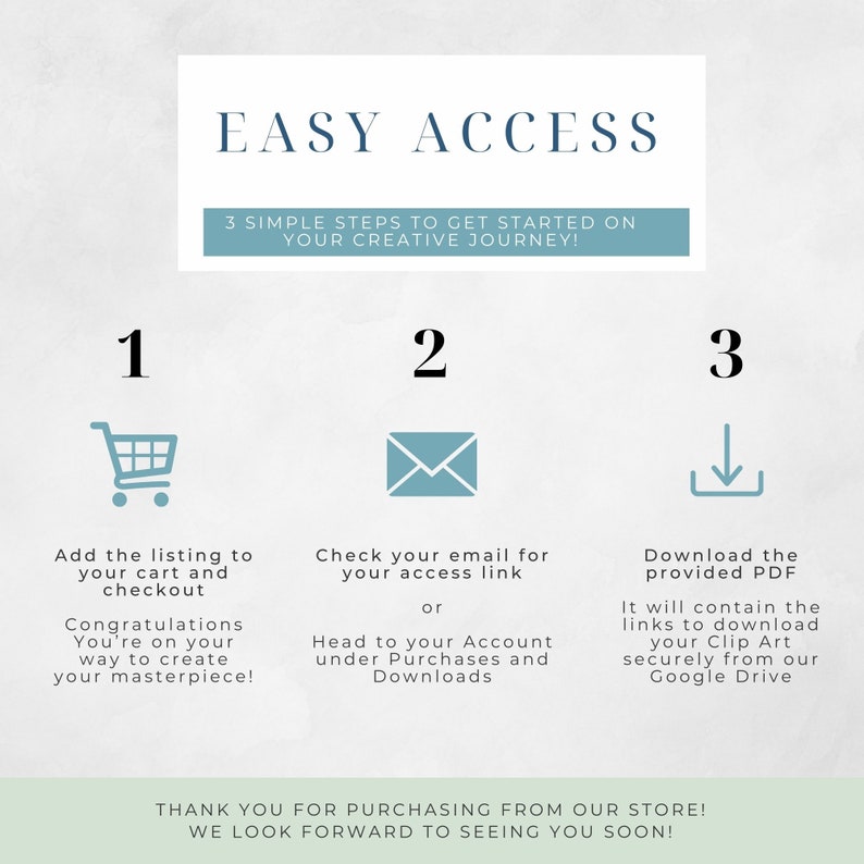 May include: A blue and white graphic with three steps to access digital downloads. Step 1: Add to cart. Step 2: Check email for access link. Step 3: Download PDF. The text reads "Easy Access" and "3 Simple Steps to Get Started on Your Creative Journey!"