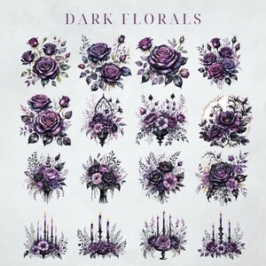Gothic Roses Clipart moodyfloral Dark Floral Clipart Gothic Graphics Black and Purple Florals, Black Candles, Skulls and Florals, Dark Fairy image 2