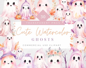 Watercolor Ghosts Cute Ghost Clipart Pastel Halloween Spooky decor Cute Little Ghost PNG Little Boo Party Invitation Sublimation Digital