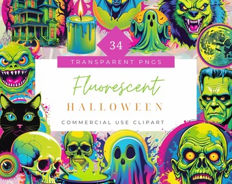 Fluorescerande Halloween Clipart - 90-tals throwback Halloween Spökpumpa Clipart Halloweeninbjudan brevpapper dekor Neontryck på begäran