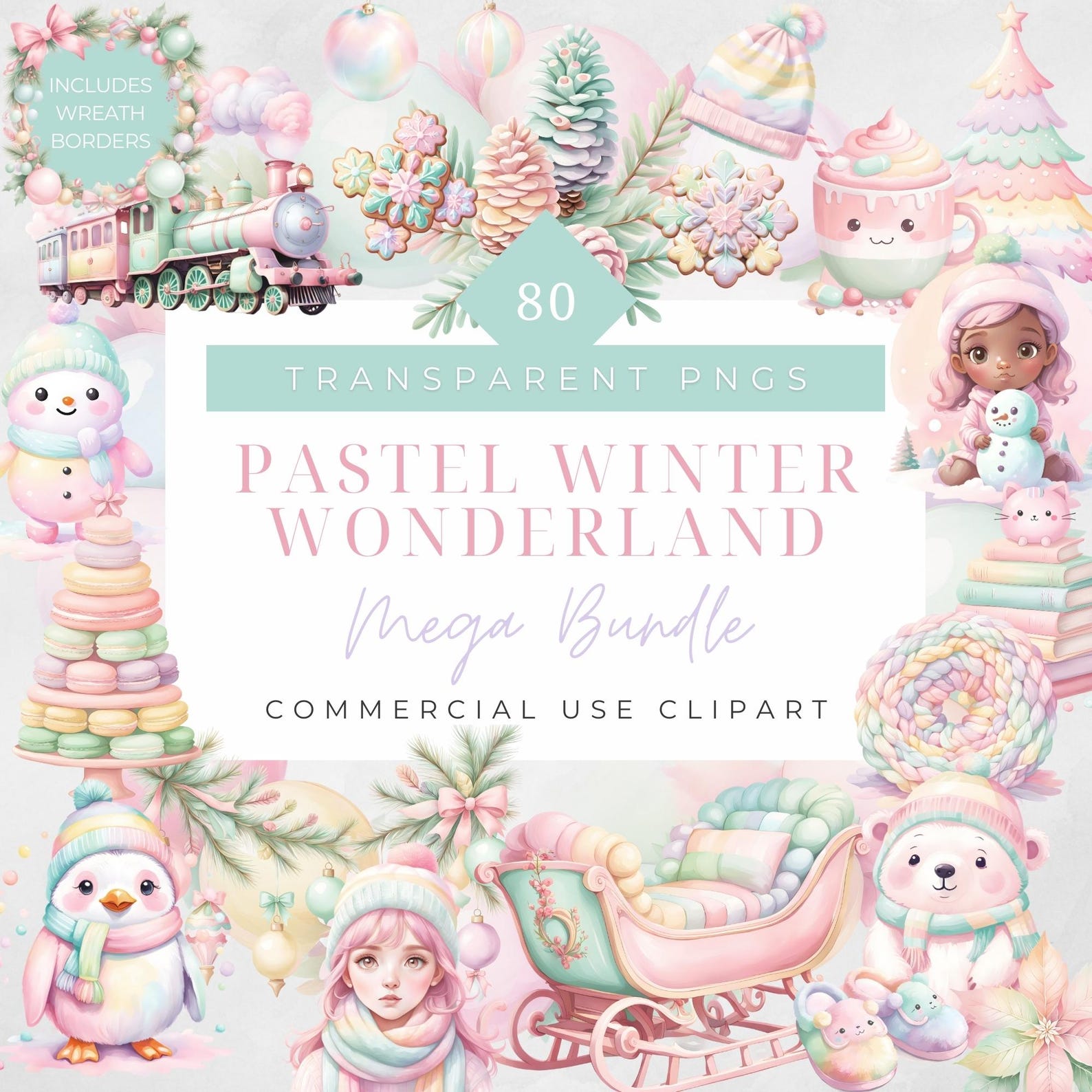 Watercolor Pastel Cozy Winter Clipart Christmas Mega Bundle Candyland