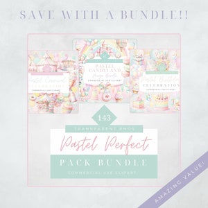 K&ouml;nnte beinhalten: Ein digitales Clipart-Paket mit 143 pastellfarbenen Illustrationen, die einen Karneval, ein Schlaraffenland und eine Geburtstagsparty zeigen. Die Illustrationen sind perfekt zum Erstellen von Einladungen, Partydekorationen und anderen Bastelprojekten. Der Text auf dem Bild lautet "Pastel Perfect Pack Bundle, Commercial Use Clipart, Amazing Value!"