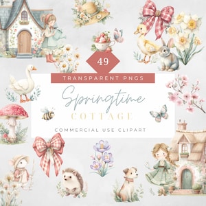 Spring Cottage Clipart Rustic Spring Cottagecore clipart Storybook Goose Fox Cherry Blossom Spring Bouquet Gingham Bow Digital Download
