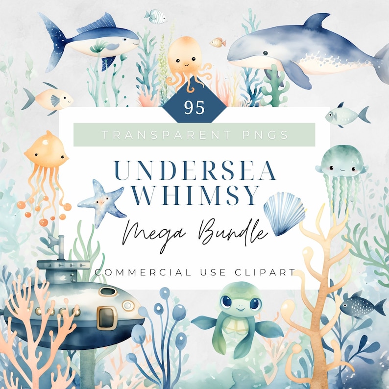 Undersea clipart nursery decor png ocean animal, sea turtle, jelly fish, octopus, whale, fish, coral, seaweed, submarine, nautical ocean themed decor clipart