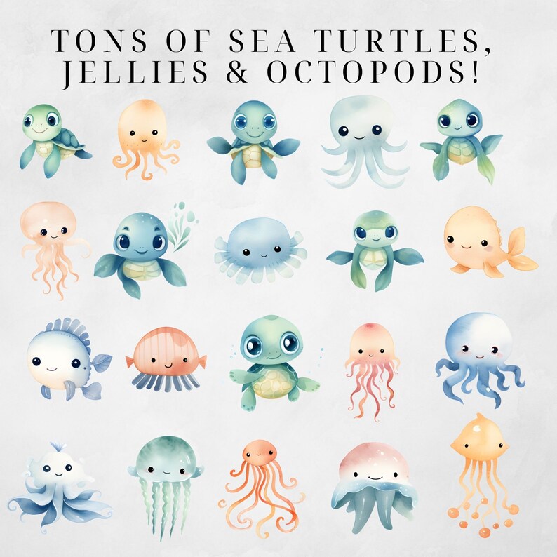 May include: A collection of watercolor illustrations featuring sea turtles, jellyfish, and octopuses. The illustrations are in various colors, including blue, green, orange, and pink. The text "TONS OF SEA TURTLES, JELLIES & OCTOPODS!" is at the top of the image.