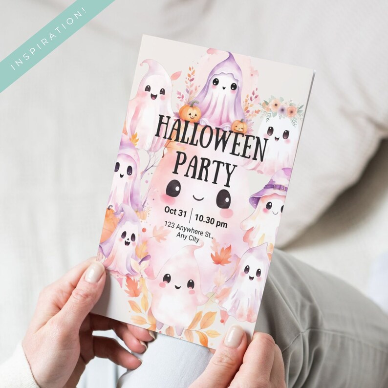 May include: A Halloween party invitation featuring watercolor ghosts in shades of pink and purple, with pumpkins and autumn leaves. The invitation reads "Halloween Party" with the date and time.