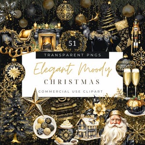 Preto e dourado Natal Clipart Elegante Moody Cozy Winter PNG Ouro glitter celebração de feriado natal papelaria convite artesanato quebra-nozes