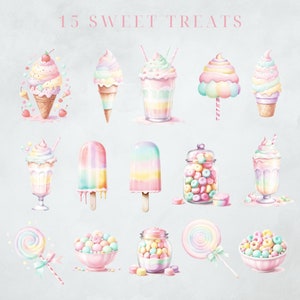 K&ouml;nnte beinhalten: Illustration von 15 s&uuml;&szlig;en Leckereien, darunter eine Auswahl an bunten Leckereien wie Eiswaffeln, Eis am Stiel, Lutscher, Bonbongl&auml;ser und eine Zuckerwattewolke.