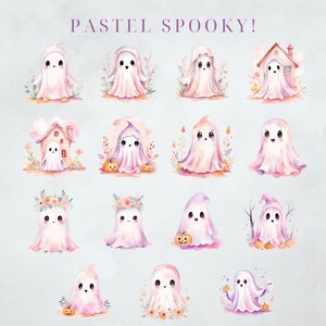 May include: Watercolor illustrations of pastel-colored ghosts with smiling faces, some adorned with floral crowns, pumpkins, and autumn foliage. The phrase "PASTEL SPOOKY!" is written in a purple script at the top.