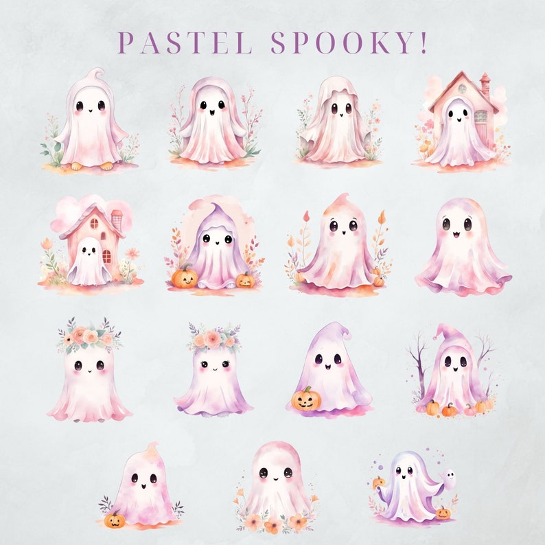 May include: Watercolor illustrations of pastel-colored ghosts with smiling faces, some adorned with floral crowns, pumpkins, and autumn foliage. The phrase "PASTEL SPOOKY!" is written in a purple script at the top.