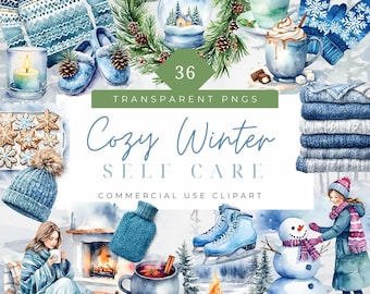 Watercolor Winter Cozy Selfcare Clipart self love clipart cottagecore cozy home clipart Self Love journaling digital stickers blue self care