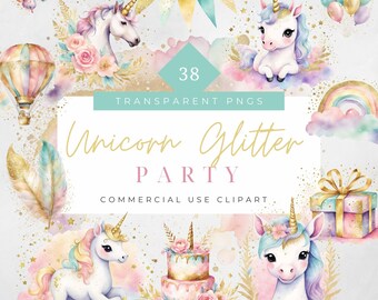 May include: A set of 38 digital clipart images featuring unicorns, rainbows, stars, clouds, and glitter. The images are in a watercolor style and are perfect for creating party invitations, decorations, and other crafts.