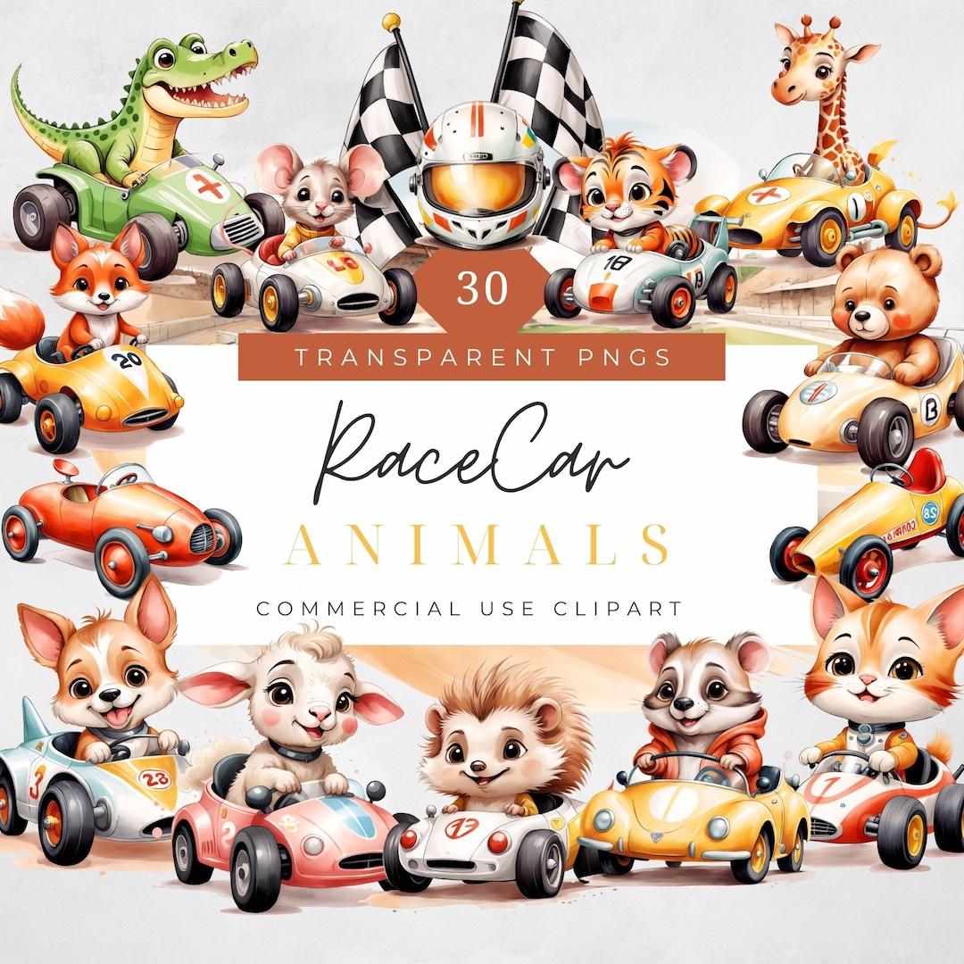 Race Car Clipart Watercolor Cars Clipart Cute Animal Racing Invitation ...