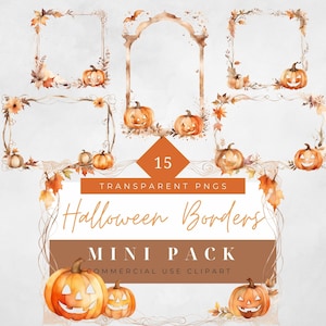 May include: A set of 15 watercolor Halloween borders featuring pumpkins, leaves, and vines. The borders are perfect for adding a festive touch to your Halloween projects.
