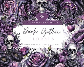 Gothic Roses Clipart moodyfloral Dark Floral Clipart Gothic Graphics Black and Purple Florals, Black Candles, Skulls and Florals, Dark Fairy