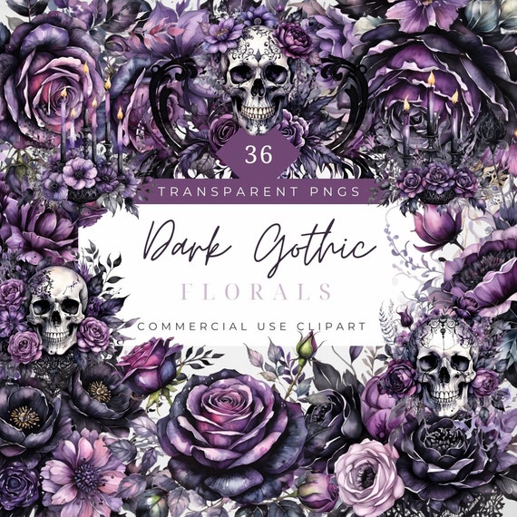 Gothic Roses Clipart moodyfloral Dark Floral Clipart Gothic Graphics Black and Purple Florals, Black Candles, Skulls and Florals, Dark Fairy
