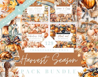 Paquete de imágenes prediseñadas de la temporada de cosecha: 129 PNG, gráficos acogedores de otoño, imágenes prediseñadas de otoño, cuidado personal acogedor, Acción de Gracias, calabaza, cottagecore, comercial
