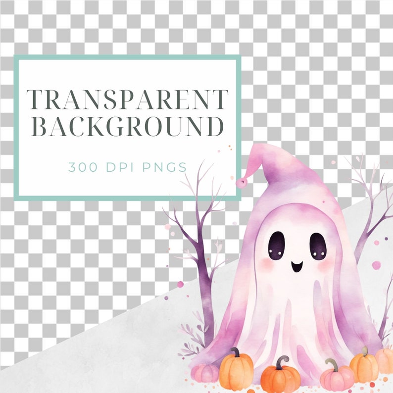 May include: Watercolor illustration of a friendly ghost in a purple hooded cloak, with a smiling face and black eyes. The image includes orange pumpkins, bare trees, and the text "TRANSPARENT BACKGROUND 300 DPI PNGS" in a teal frame.
