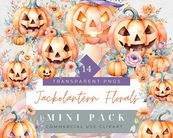 Watercolor Pastel Jack-o-lantern PNG Watercolor Spooky Clipart Floral Halloween Pastel Pumpkin Flowers Fall Bouquet Witchy Pumpkins