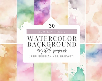 May include: A set of 30 digital watercolor background papers in various colors, including pink, blue, green, and purple. The papers are 300 DPI and are perfect for use in digital scrapbooking, card making, and other craft projects.