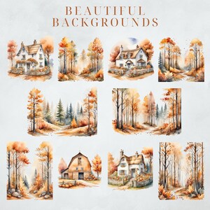 May include: Nine watercolor illustrations of autumn scenes featuring cottages, barns, and forest paths. The illustrations are painted in warm tones of brown, orange, and yellow.