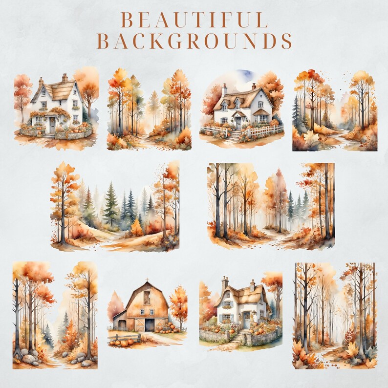 May include: Nine watercolor illustrations of autumn scenes featuring cottages, barns, and forest paths. The illustrations are painted in warm tones of brown, orange, and yellow.