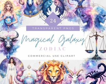 Dierenriem bundel PNG sterrenbeelden clipart astrologie symbolen horoscoop mystieke verjaardag ontwerpen aquarel Rainbow Galaxy dierenriem sublimatie