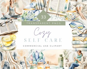 Watercolor Pastel Cozy Winter Self Care Clipart pajama girl self love clipart cottagecore cozy home clipart Self Love journaling tea