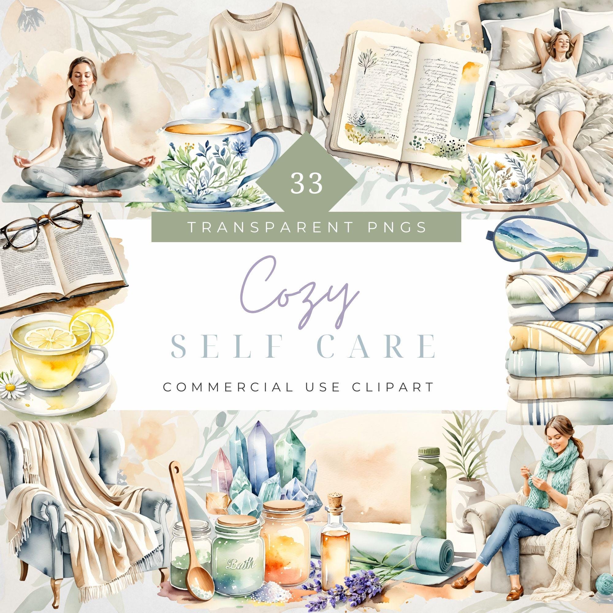 Watercolor Pastel Cozy Winter Self Care Clipart pajama girl self love clipart cottagecore cozy home clipart Self Love journaling tea