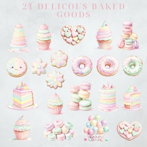 K&ouml;nnte beinhalten: 21 LECKERES GEBACKENES G&Uuml;TER. Eine Sammlung von pastellfarbenen Backwaren, darunter Cupcakes, Donuts, Macarons, Kuchen und Kekse. Das Bild zeigt eine Vielzahl von Formen und Designs, darunter Herzen, Blumen und Sterne.