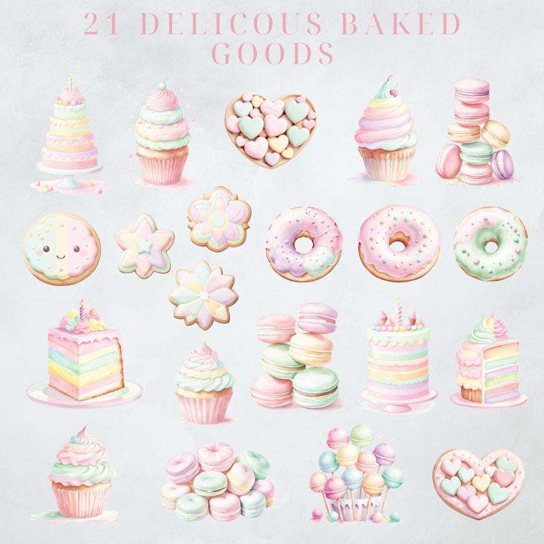 K&ouml;nnte beinhalten: 21 LECKERES GEBACKENES G&Uuml;TER. Eine Sammlung von pastellfarbenen Backwaren, darunter Cupcakes, Donuts, Macarons, Kuchen und Kekse. Das Bild zeigt eine Vielzahl von Formen und Designs, darunter Herzen, Blumen und Sterne.