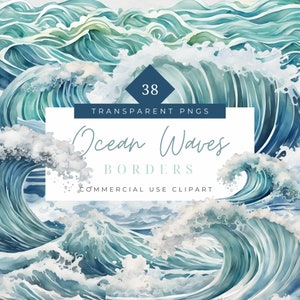 Może przedstawiać: Zestaw 38 akwarelowych obramowań fal oceanicznych. Fale są malowane w odcieniach niebieskiego i białego, z fakturowanym wyglądem. Tekst "Ocean Waves Borders" jest napisany ozdobnym fontem.