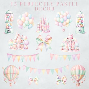 K&ouml;nnte beinhalten: Ein Set mit 15 pastellfarbenen digitalen Illustrationen mit verschiedenen fantasievollen Designs, darunter ein Schloss, ein Haus, ein Hei&szlig;luftballon, eine Schleife, ein Gummib&auml;rchenautomat und eine Girlande.