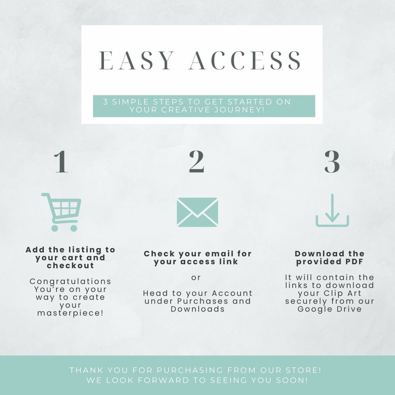May include: An infographic with the title "EASY ACCESS" and instructions for a creative journey. It includes a shopping cart, an envelope, and a download icon, with text guiding users through the process of purchasing and accessing digital art.