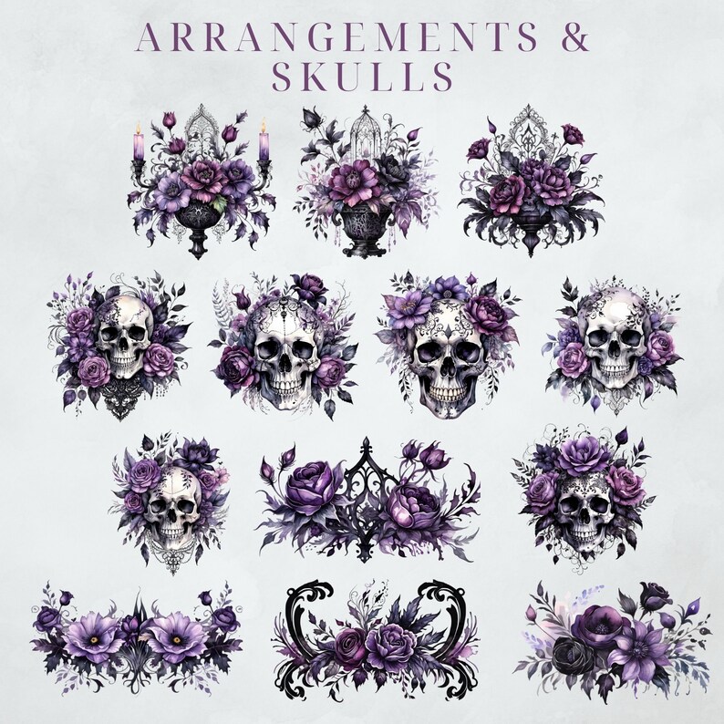 Gothic Roses Clipart moodyfloral Dark Floral Clipart Gothic Graphics Black and Purple Florals, Black Candles, Skulls and Florals, Dark Fairy image 3