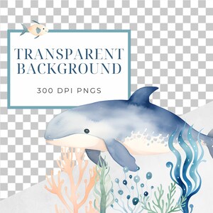 May include: A watercolor illustration of a blue dolphin swimming through coral and seaweed. The dolphin has a light blue body with dark blue spots and a white belly. The coral is orange and the seaweed is green and blue.