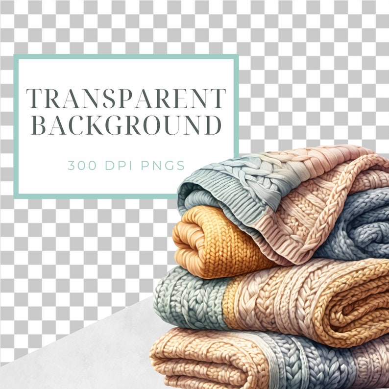 May include: A stack of four knitted blankets in various shades of beige, blue, and yellow. The blankets are folded and arranged in a pile, showcasing their intricate cable knit patterns.
